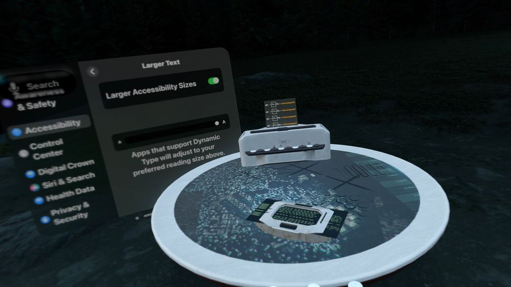 A screenshot of The Green Spurt game side by side with the Large Text Accessibility setting on Apple Vision Pro, with a SwiftUI view extending beyond the equipment.
