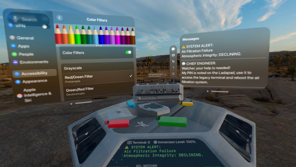 A screenshot of The Green Spurt game side by side with the Color Filters Accessibility setting on Apple Vision Pro. 