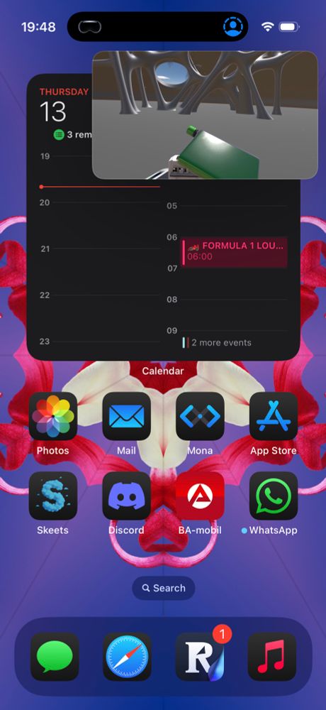 A screenshot of an iPhone home screen with a calendar widget and several apps, with a picture in picture view of The Green Spurt game in Guest User.