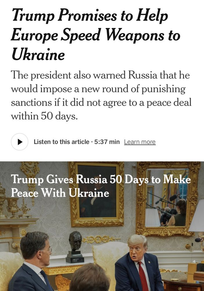 screenshot from NYT of headline: Trump Gives Russia 50 Days to Make Peace With Ukraine