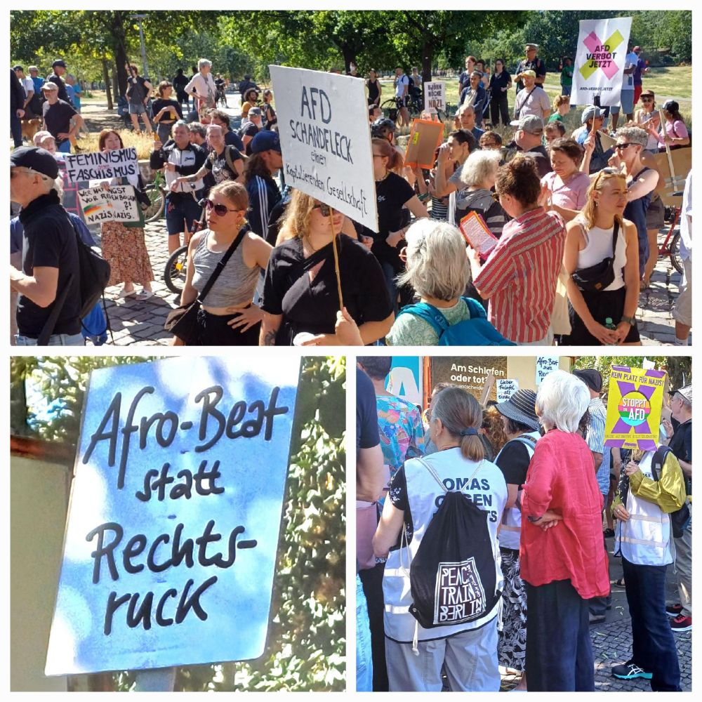 Fotocollage 
2 Menschen - Gruppen im Görli, u.a. Omas gegen Rechts 
Schild "Afro-Beat statt Rechts-Ruck"