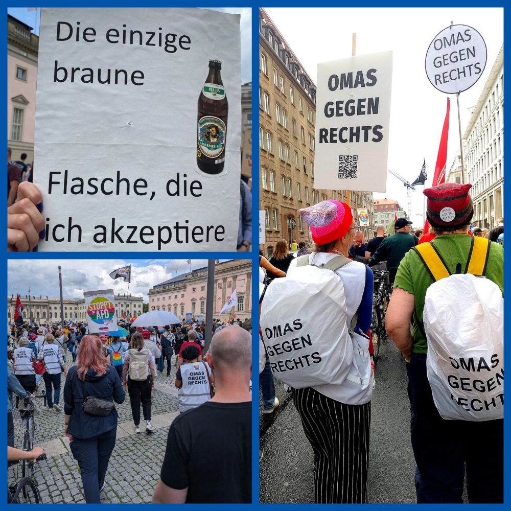 Fotocollage 
Demoschild "Die einzige braune Flasche, die ich akzeptiere" (+ Foto einer braunen Bierflasche)
Demogruppe
Omas gR in der Demo Gruppe 