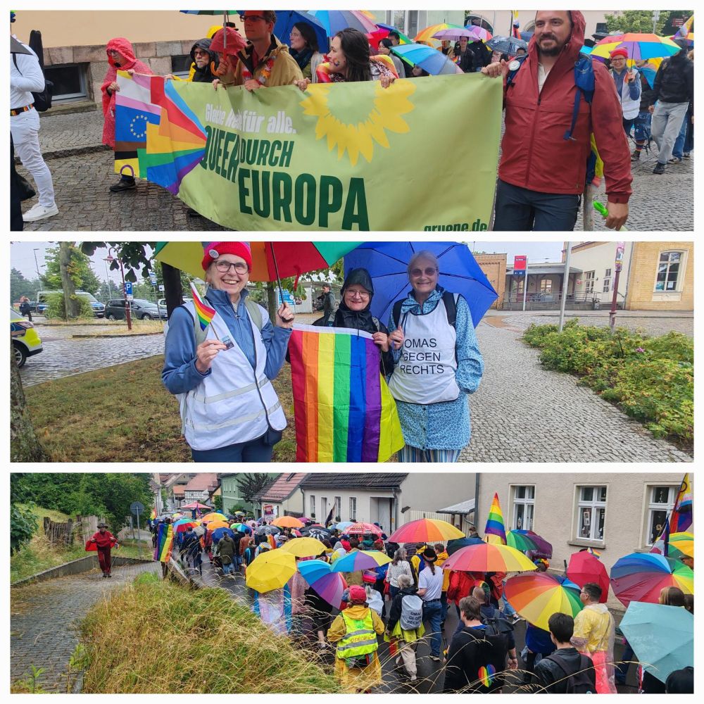 Fotocollage 3 Fotos
Menschen mit Banner "Queer durch Europa"
3 Omas in Bad B. Mit Regenbogenflagge und -Schirm
Große Menschengruppe beim CSD mit vielen Regenbogen-Schirmen