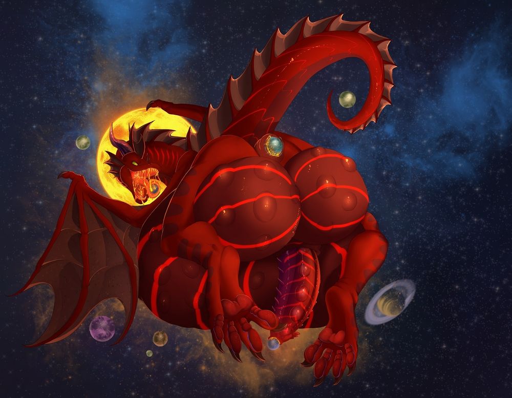 Fairan enjoying his 100X enlargement in size in his true dragon form clenching his now planetary molten butthole on a "tiny" world~