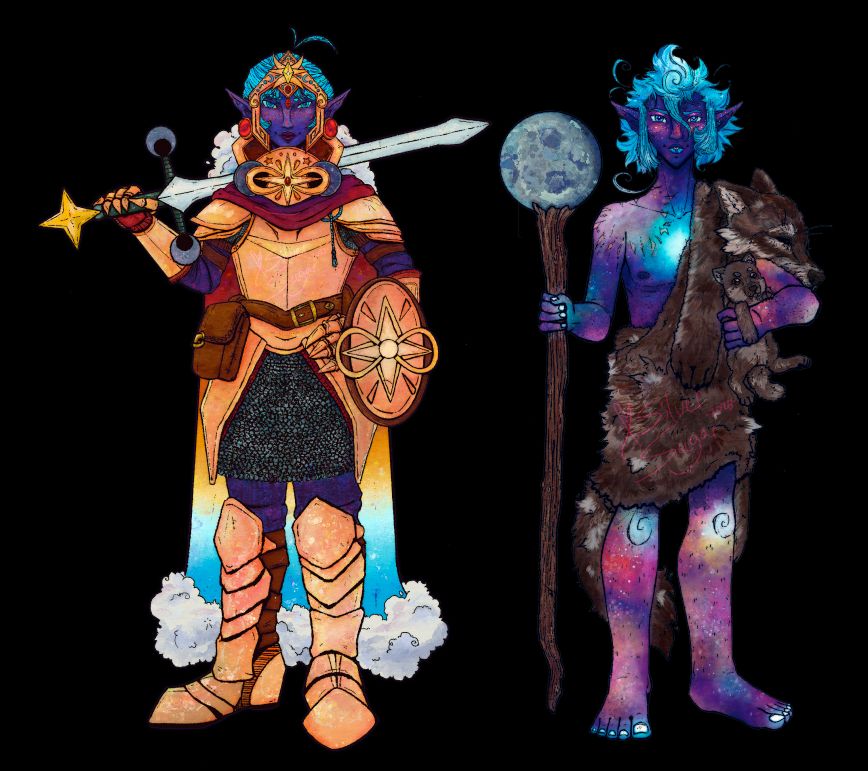 Digital watercolor-styled art in toothy line-art of the Player Characters Drow Twins, Ishtar (Character owned by AwesomeAndo) and Nameless (owned by myself, SilverSugar.) Ishtar the Cleric wears heavy, coppery, armor with a twilight/sunset motif, she carries a shield on their left arm with a sword slung over their right and is most regally presented. Nameless is an unkempt, barefoot, druid wearing a messy brown wolf pelt and holding a pup in their left arm and a full moon-topped wooden staff in their right. Both siblings have dark purple skin and blue eyes/hair but Nameless is also adorned with a starry-galaxy pattern.