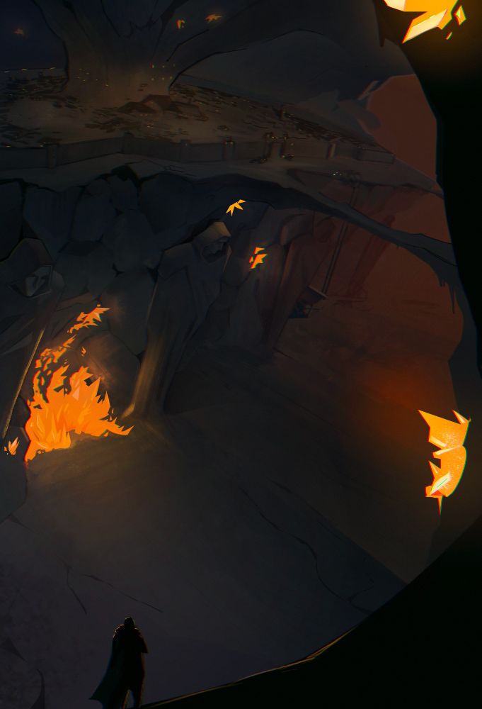 Digital art of the Underearth. A guard looks at the walled-up settlement in the distance. Fiery crystals illuminate statues. The depths are terrifying.