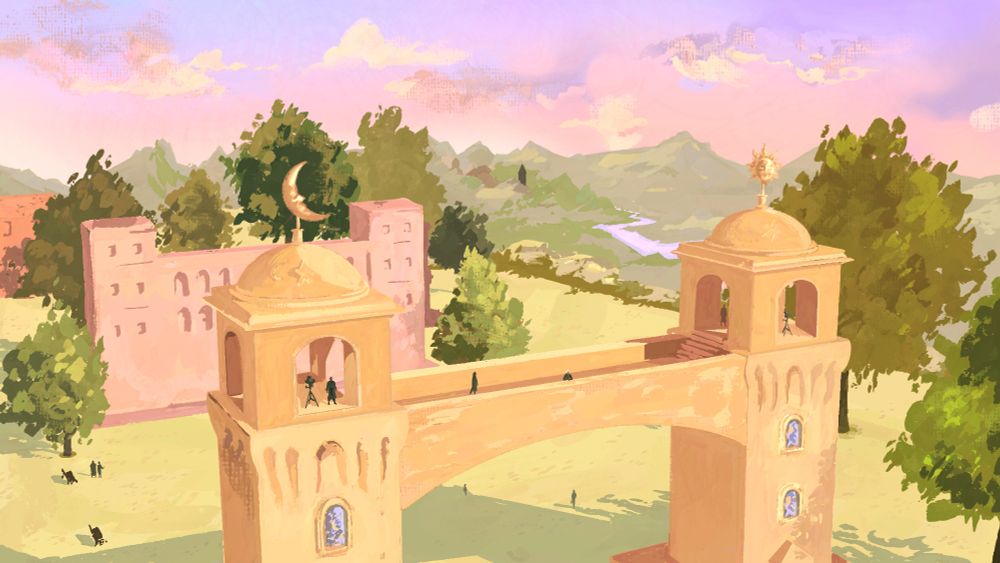 A scenic view of the observatory in Lehel at dawn. The twin towers are joined by an arched bridge. A crescent adorns the roof of the tower on the left, while a sun-shaped finial marks the one to the right. Scholars roam freely between the towers.