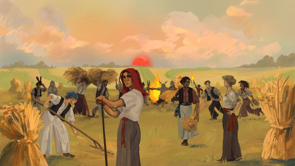 A hazy sun sets below the Great Plain. Workers carry bundles of hay. A person stares wearily at you in the foreground. People in animal masks dance around a fire in the distance.