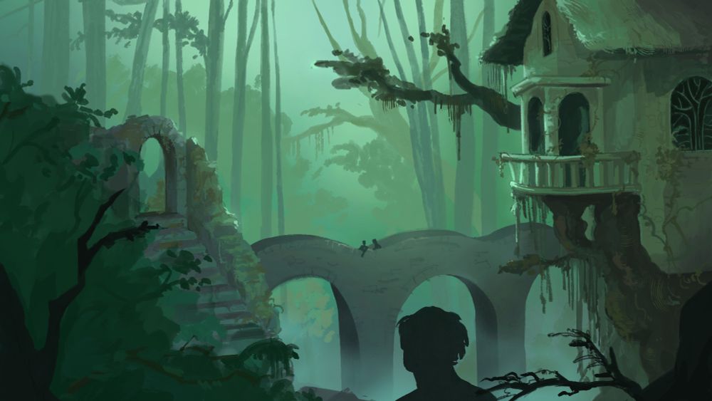 Digital art of the verdant Deepwoods with tall trees. A shadowy silhouette overlooks an arched bridge and a building wrapped in vine.