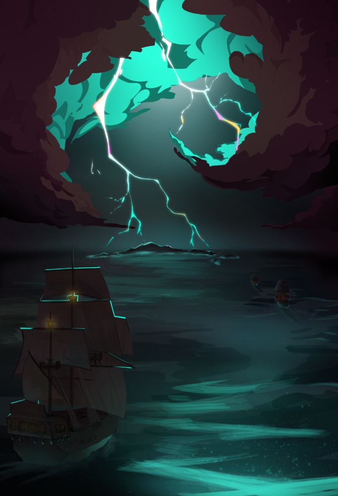 Digital art of ships sailing towards an island in the distance. Lightning strikes emanate from darkened clouds.