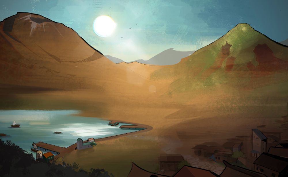 A radiant scenery of a coastal village. A volcano and a verdant mountain dominate the horizon and tower over settlements below. Fishing boats sail away and towards wooden docks under the warmth and glow of the Great Sun.