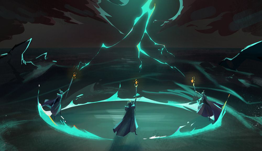Digital art of three figures conducting a ritual during a storm. Their staves are held up towards bolts of lightning.