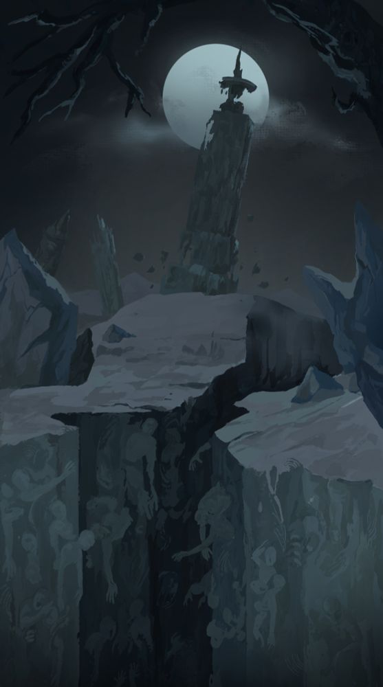 A ruined tower slants to the right against the backdrop of a full moon. The ground is split in two, revealing a bottomless chasm of faceless figures melted into its walls.