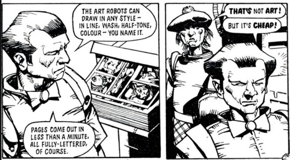 A scene from - Judge Dredd story called The Art of Kenny Who. A publisher explains that AI can make comics in less than a minute. Kenny says “that’s not art!” and the publisher responds “but it’s cheap!”