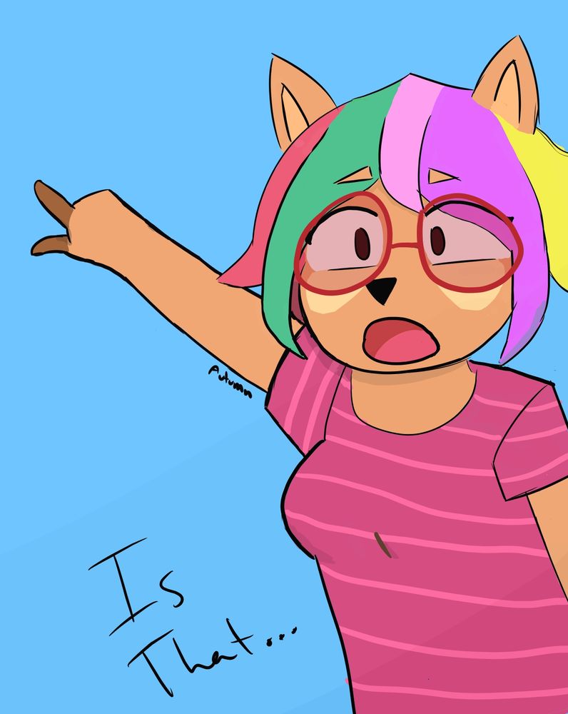 Drawing of a colorful haired transgender deer pogging at seemingly nothing