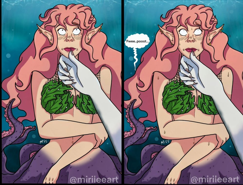 Two panels of my Sharkstarion comic. It is my Tav Adeline as a mermaid- octopus. She is shown looking up nervously at Sharkstarion then makes a funny bodily sound.
