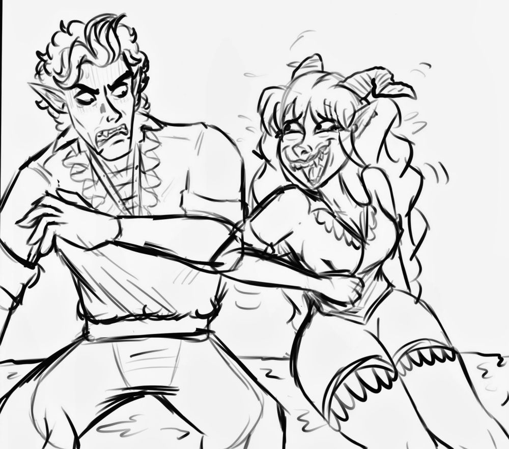 A very rough sketch of Adeline and Astarion sitting on a log (will be around the camp fire) as she cracks up with nudging his arm. Astarion is looking at her very annoyed while Adeline is just busting a lung.