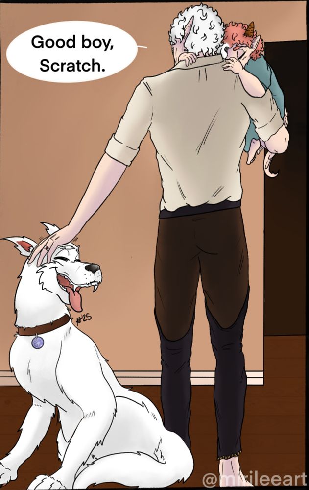 Astarion is shown walking away while holding his son who is now in a more relaxed state as his dad carries him.

Astarion is scratching Scratch's head. Scratch looks happy with his tongue hanging and smiling.

Text: "Good boy, Scratch."