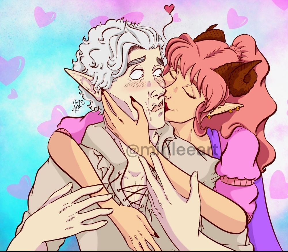 A drawing I did of Adeline on Astarions back while turning his face to give him a kiss on the cheek.