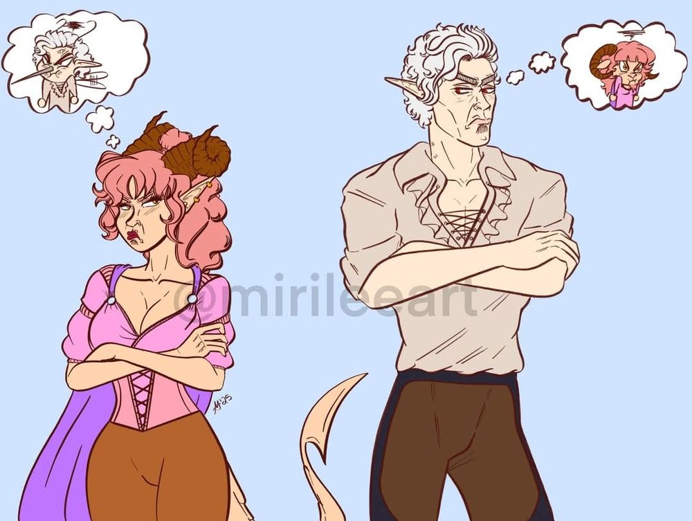 The original drawing. Astarion and Adeline are mad dogging each other while Adeline imagines Astarion as a mosquito and Astarion imagines Adeline as a goat.