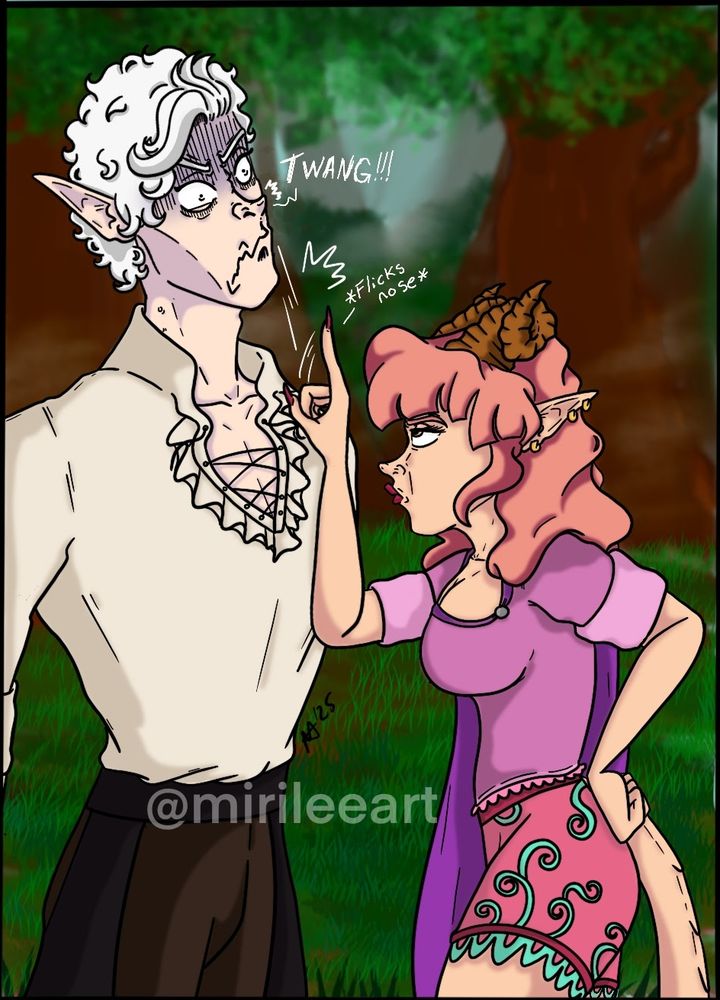 This panel shows Adeline flicking Astarions nose and him looking surprised.

Sound dialogue: 

As Adeline flicks nose: "flicks nose"

Astarion's nose: "TWANG!!!"