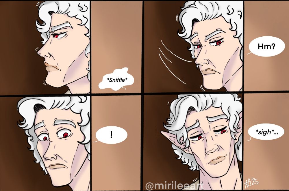 Astarion walking down the hall of his house then stopping surprised as he hears someone sniffing. He then sighs and smiles softly.
