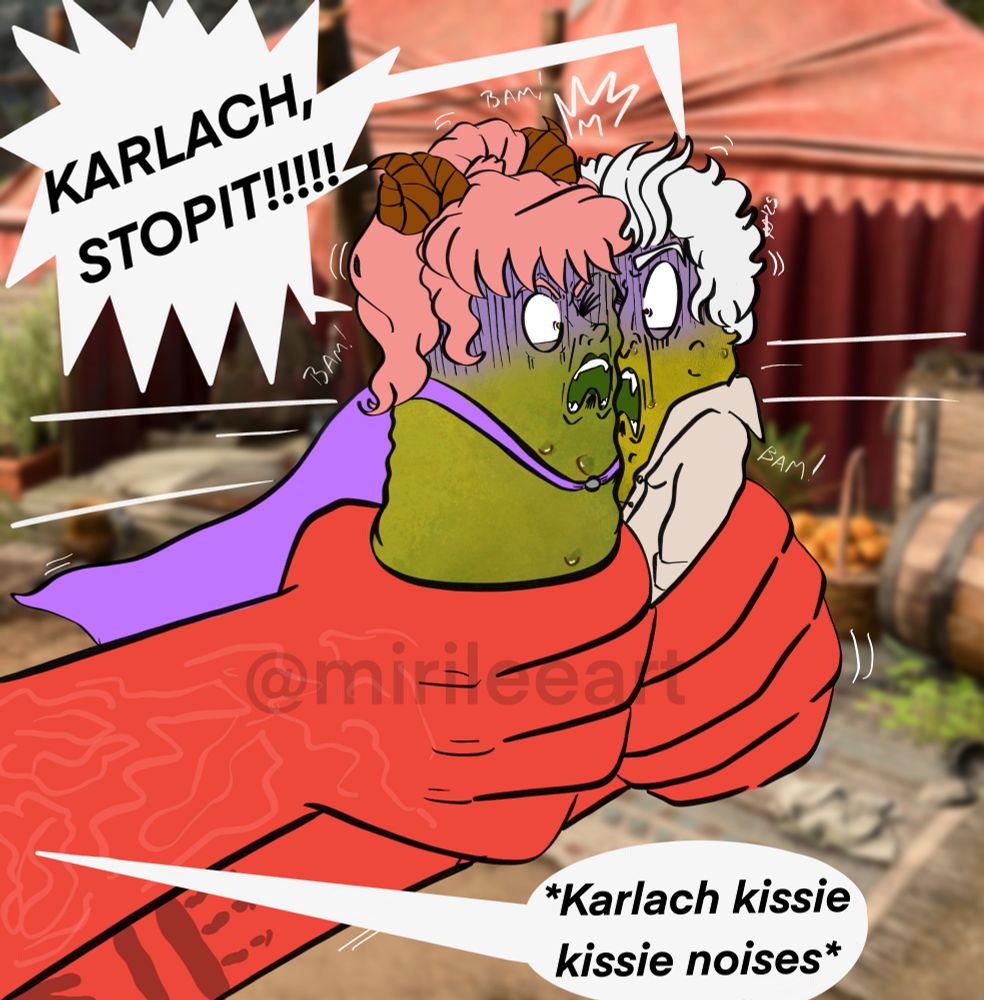 Karlach holding Pickle Astarion and Pickle Adeline while she tries to make them kiss.