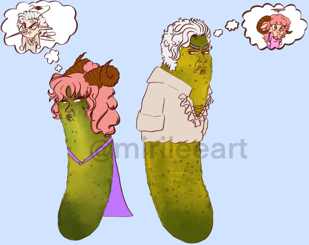 A drawing of Astarion from Baldurs Gate 3 as a pickle as well as my Tav, Adeline.