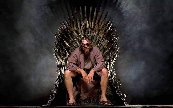 The character of The Dude from the film Big Lebowski, a middle aged frumpy guy in a bathrobe and slippers, leans over the iron throne from Game of Thrones. The iron throne is made up of many swords melted together. In front of a black background haloed by mist.