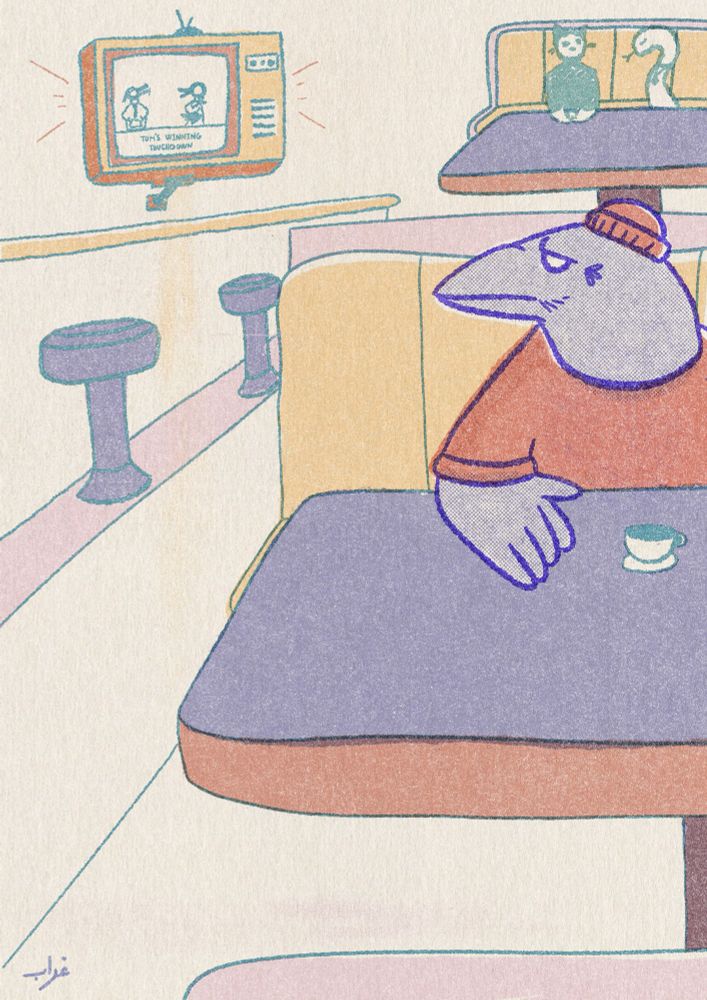 Crow sits in a diner with a cup of coffee. A cat and a snake are having a conversation in the background. The tv in the back reads “Tom’s Winning Touchdown”.
