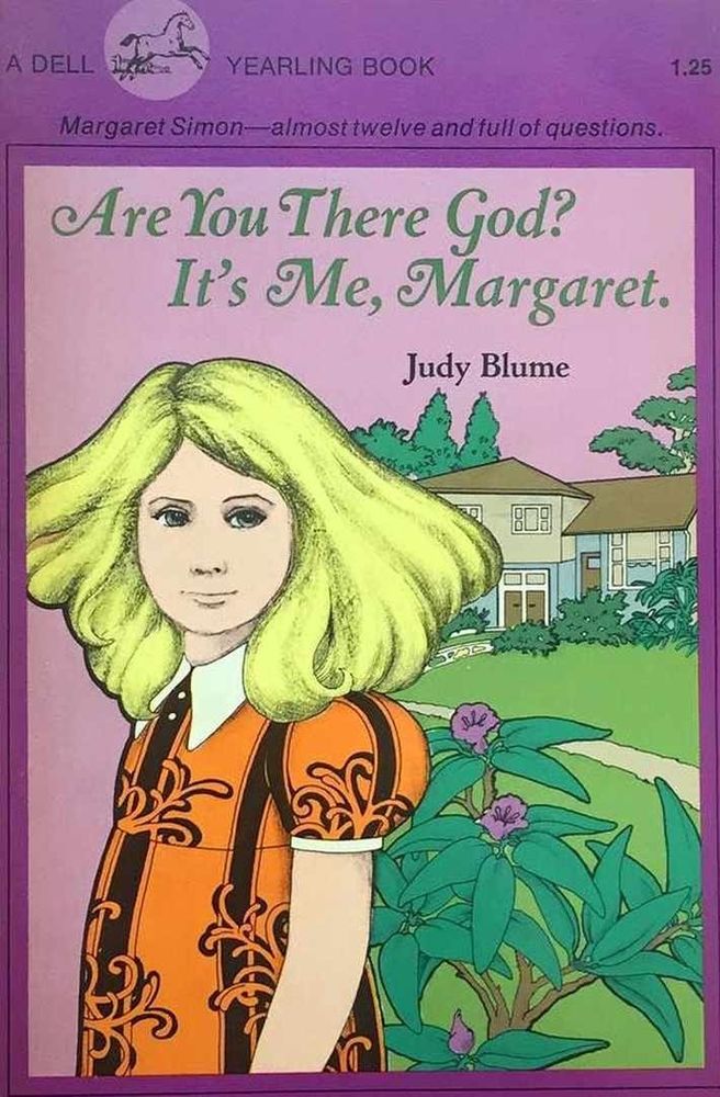 Cover of novel, Are You There God? It's me, Margaret. By Judy Blume. Drawing of a young girl with blonde haired and an orange dress 