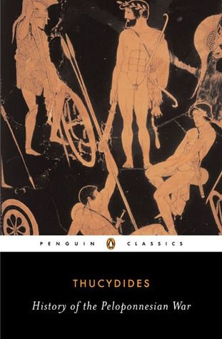 Cover of the novel "History of the Peloponnesus War by Thucydides. Shows naked Greek men at war.