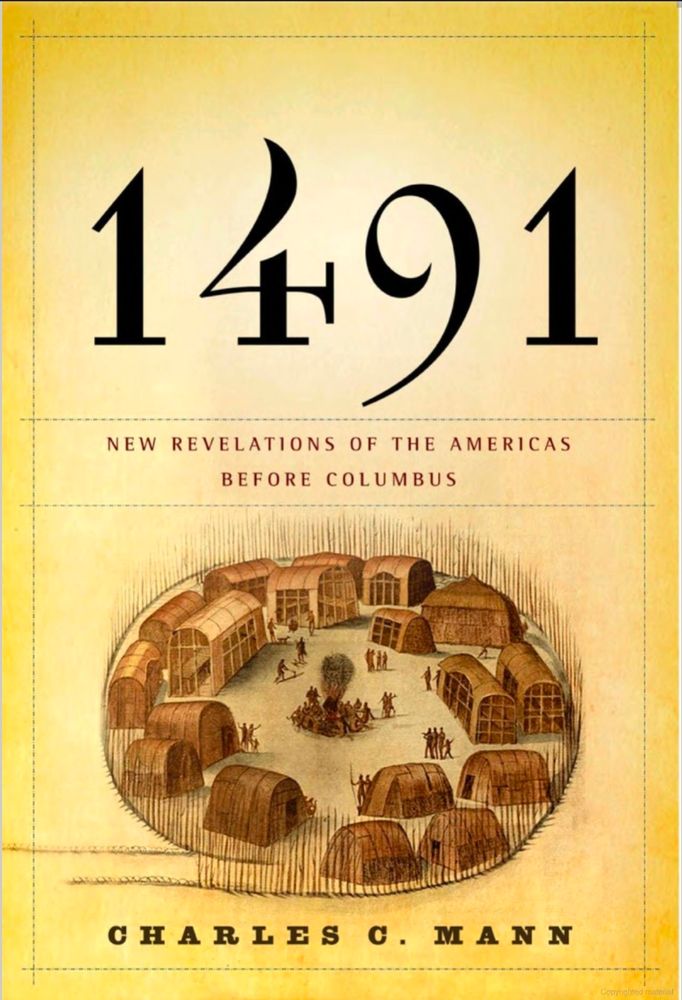 Cover of the book 1491. Yellow background with drawing of indigenous village.