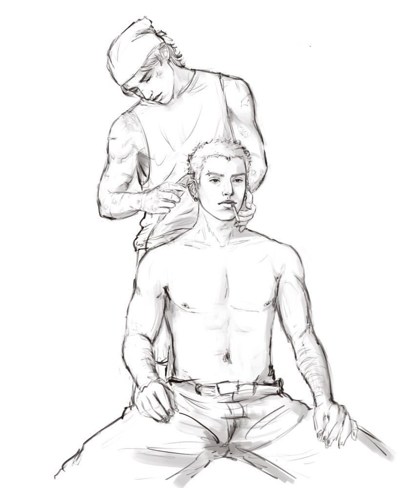 This is a black-and-white digital sketch featuring Neil Josten and Andrew Minyard from All for the Game. Andrew is sitting shirtless in the foreground, legs apart, with a cigarette between his lips. His expression is neutral, almost detached, as Neil stands behind him, carefully cutting his hair. In this version, neither of them is wearing their armbands, leaving their scars fully visible—marks of their past that tell stories without words. Neil, wearing a sleeveless shirt and a bandana over his head, has his arms covered in scars as he focuses on trimming Andrew’s hair. One hand gently steadies Andrew’s face while the other works with the clippers.