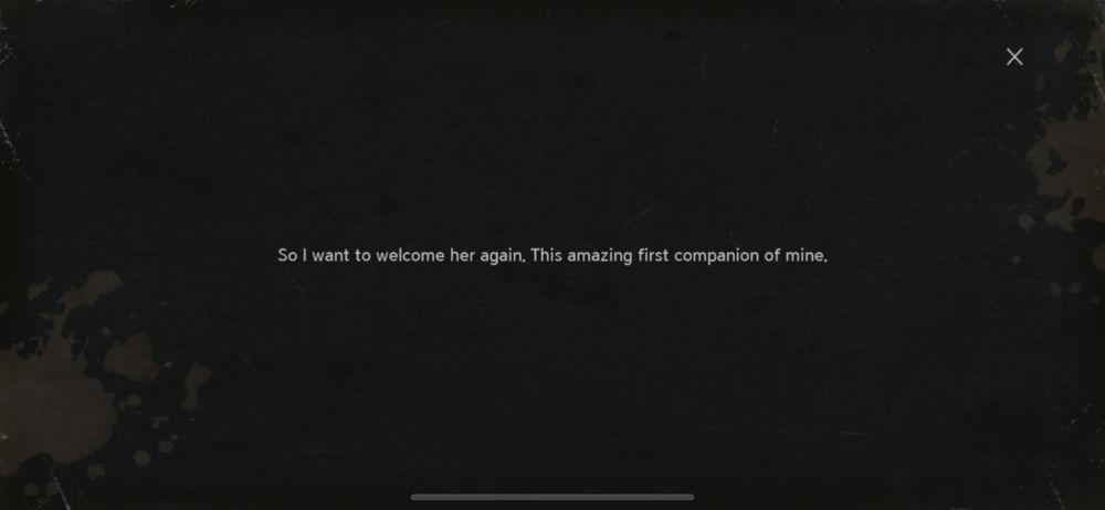Player (?) from Resident Evil: Survival Unit, providing narration after speaking with Claire, “So I want to welcome her again. This amazing first companion of mine.”