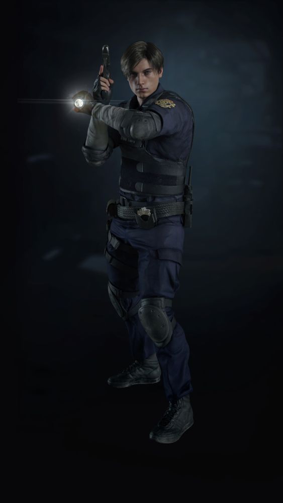 Leon S. Kennedy, as he appears in Resident Evil 2 (2019), wearing his R.P.D. riot gear.