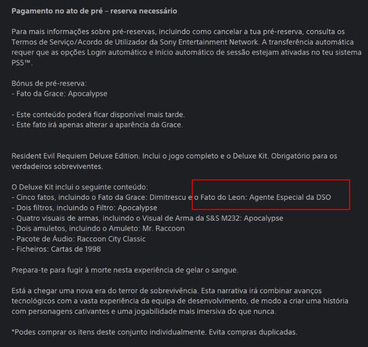 A page from the Portuguese PlayStation store page that accidentally revealed Leon's appearance in Resident Evil: Requiem, along with his first DLC costume being "Special Agent of the DSO"