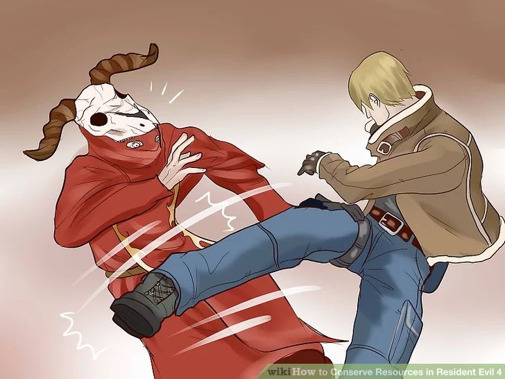 Leon delivering a kick to a grand zealot Ganado, adorably unseating the skull mask, revealing his doofy eyes under the hood. 