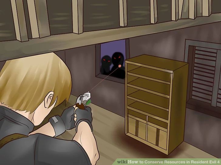 WikiHow art of Leon taking aim at Ganado outside the window during the cabin standoff.