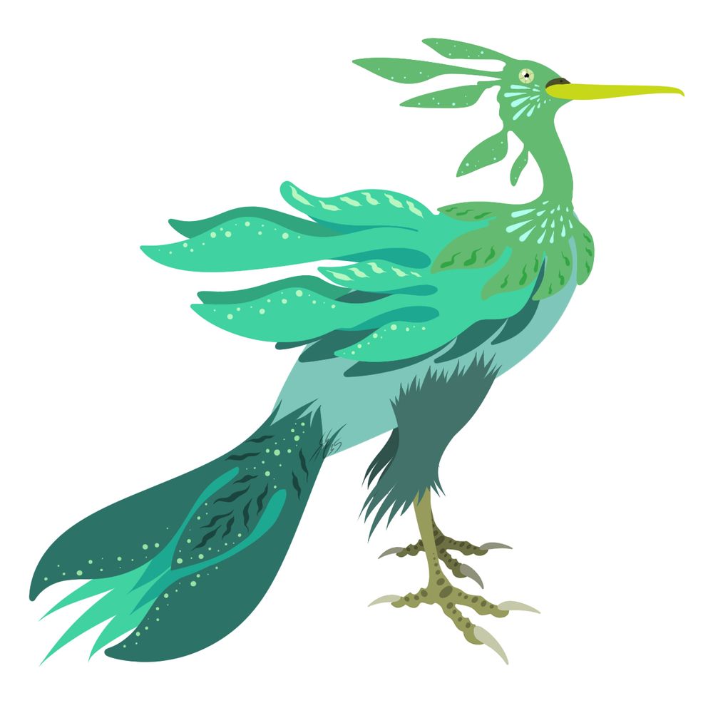 A green bird with a head like a seahorse and seaweed wings and tail.