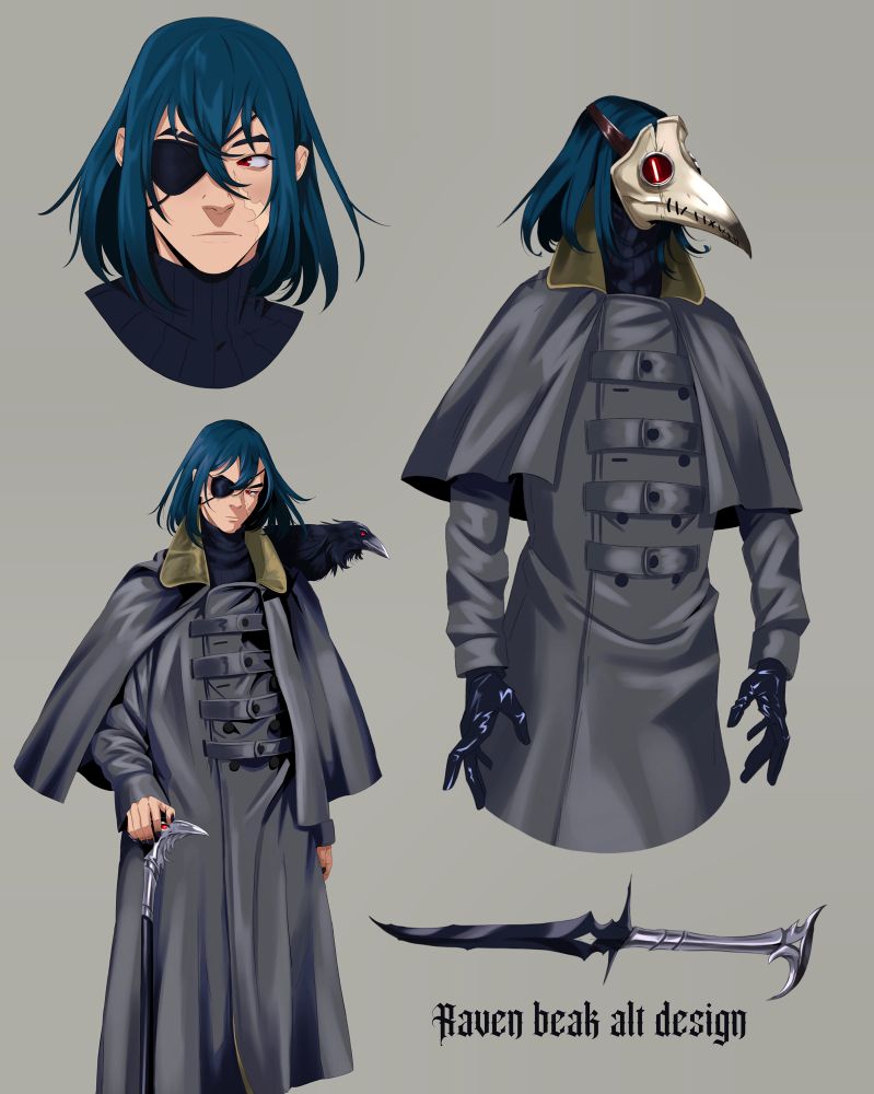 A design sheet of Kaz a man with shoulder length blue hair dressed with an eyepatch, turtleneck, and a big heavy weight jacket holding a cane with a raven head on it. 
