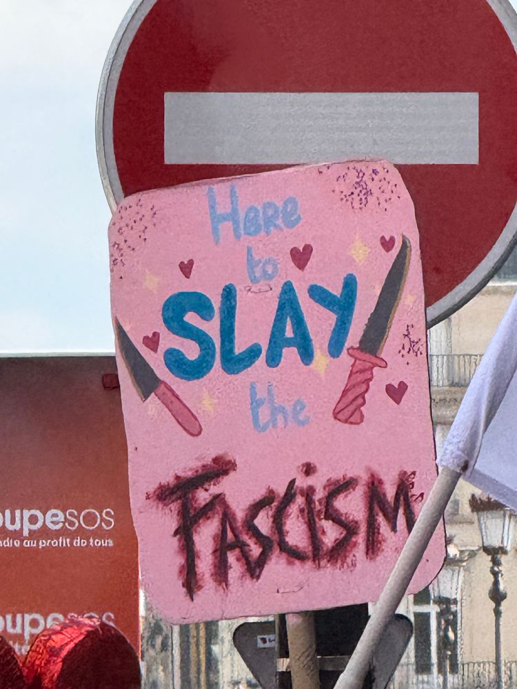Panneau aperçu lors de la pride parisienne. Il écrit : HERE TO SLAY THE FASCISM