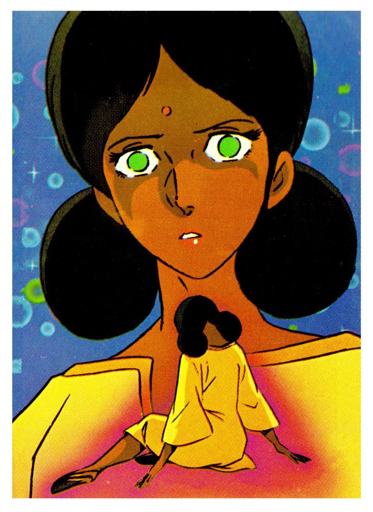 A highly colorful CMYK separation print of Lalah Sune drawn by a staff member on Mobile Suit Gundam or Yamamatsu illustrators. Lalah looks towards the viewers with bright, wide eyes with a blue, starry background while another view of her is shown with her back turned while surrounded by a pink glow, she's sitting in the front.
