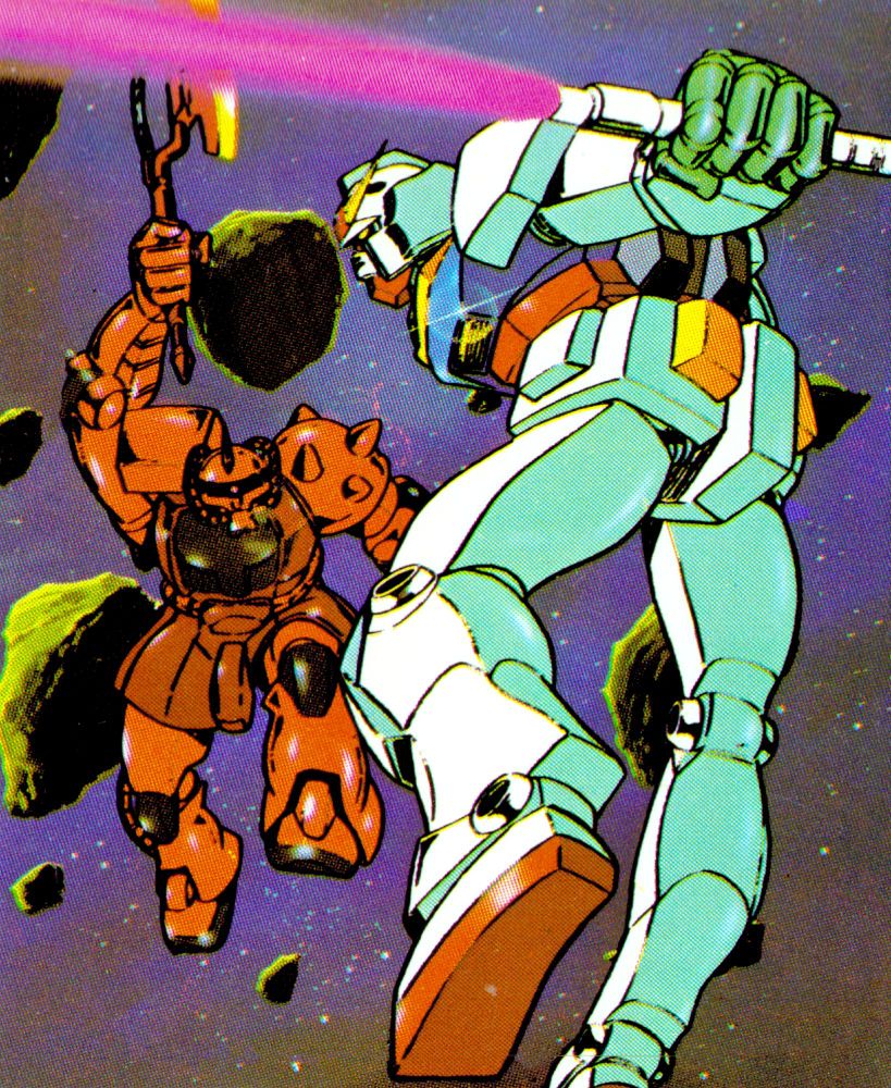 Early promotional art by Yamamatsu's in-house illustrators for Mobile Suit Gundam's bromide line. The latter actually uses Yasuhiko's rendering of the RX-78 II with the yellow v-fin. Amuro fights Char in the Gundam, while Char yields a heat hawk in his red custom Zaku II. The colors are very bright!