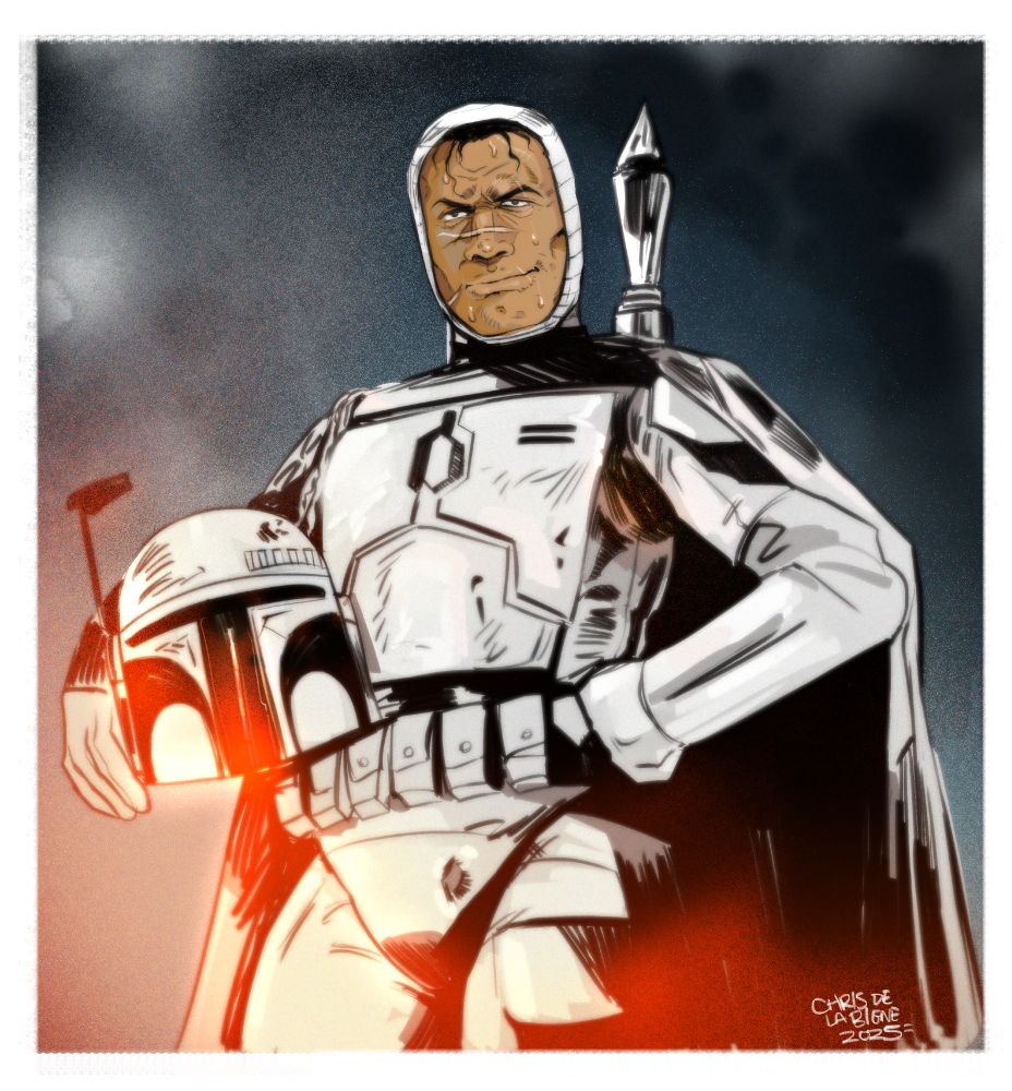 Boba Fett wearing his original prototype uniform designed by Ralp Mcquarrie. He has his helmet off and looks towards the distance with a smug smile. Boba sweats and has the likeness of Temuera Morrison. The illustration is sketchy yet tight, Boba is bathed in a reddish glow with a dark, ominous background.