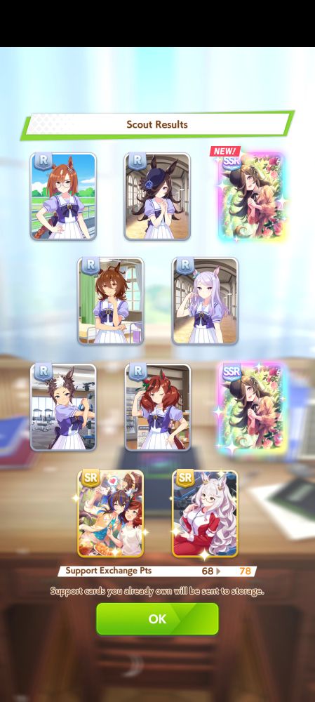 a screenshot showing the results of the free support ten pull. there are two SSR Rice Shower cards