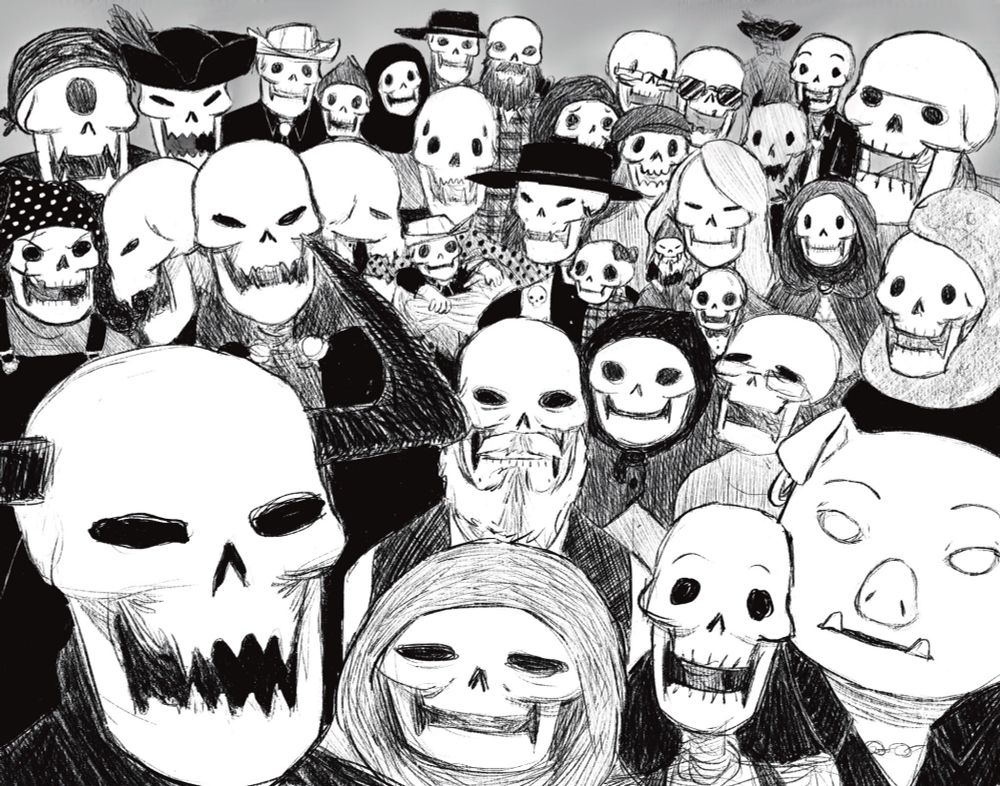 A giant skeleton group selfie featuring devil skeleton, 3 headed ashura demon skeleton, cyclops skeleton, gnome skeleton, ghost skeleton, giant skeleton, regular skeletons from youth to old, 1 living orc and 1 slime.