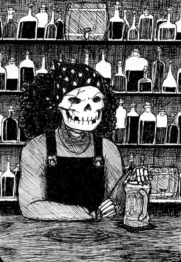 A skeleton bar tender with a bandana and long curly hair, shirt and overalls palms a flagon in front of an array of liquor. Her face is cracked around her right eye and she's missing 2 teeth