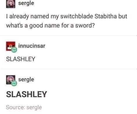 Tumblr user sergoe says "I already named my switchblade Stabitha but what's a good name for a sword?" To which Tumblr user innucinsar says "SLASHLEY" to which sergle emphasizes "SLASHLEY" in bigger, bolder letters