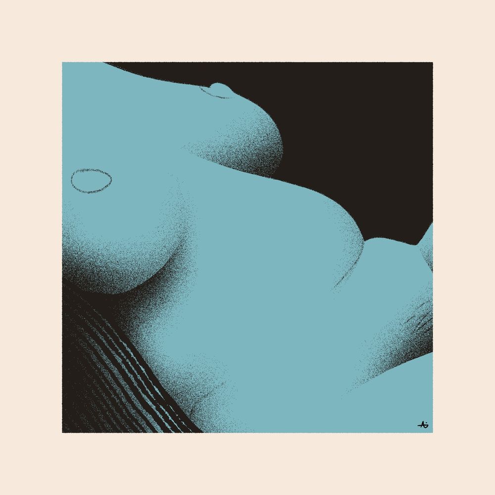A close-cropped drawing of Asobi's torso as she reclines. The image is rendered in black, blue, and white.